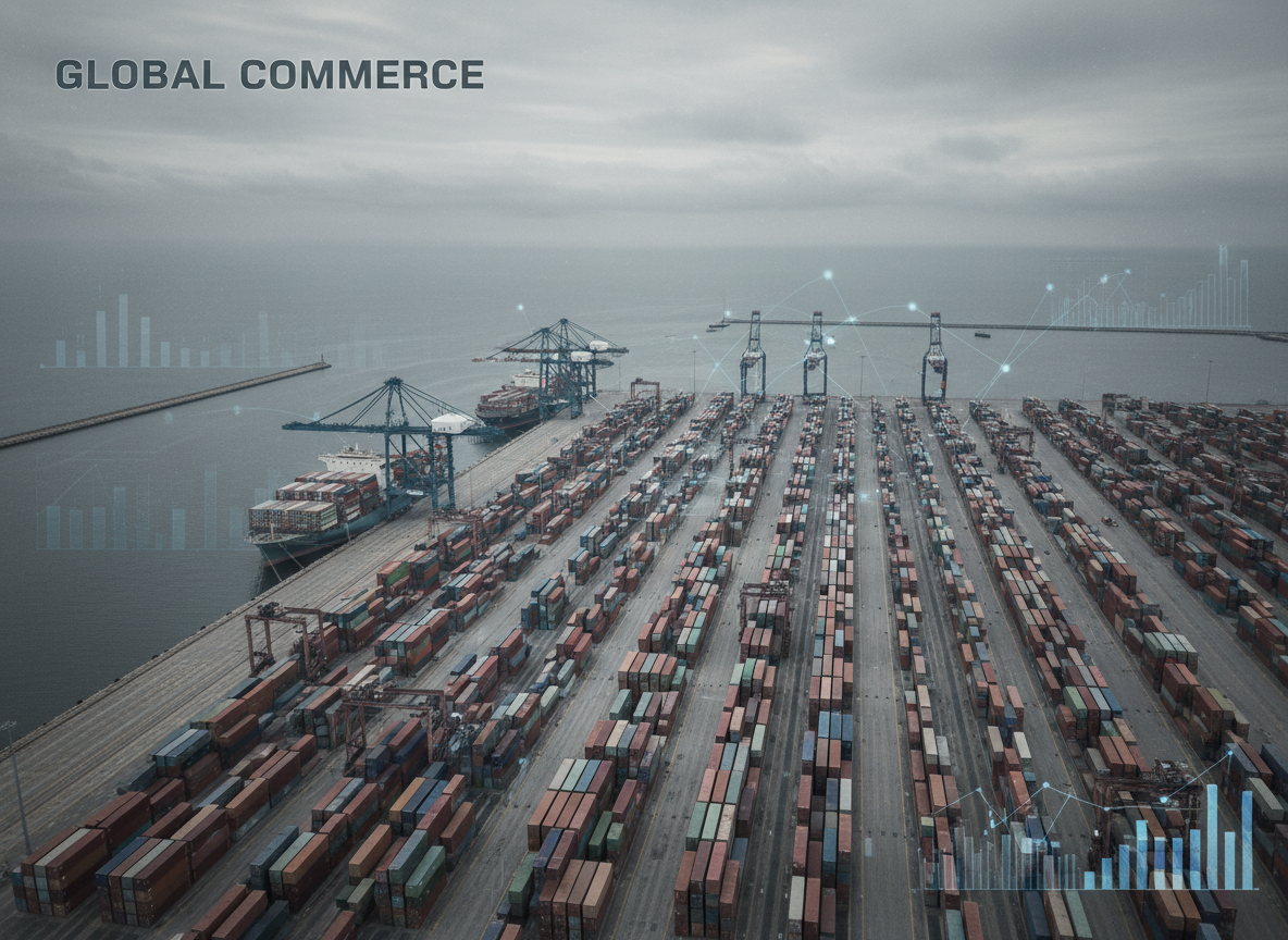 Aerial view of a shipping port with cargo containers representing global food trade